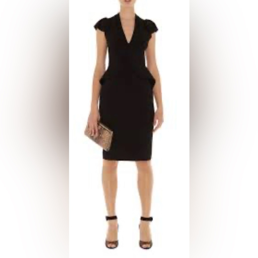 Karen Millen Tailored Black Wool Blend Cap Sleeve Peplum Midi Cocktail Dress